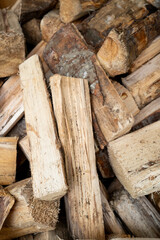 Pile of natural wooden logs ready to fuel a campfire, evoking feelings of warmth, togetherness, and outdoor fun