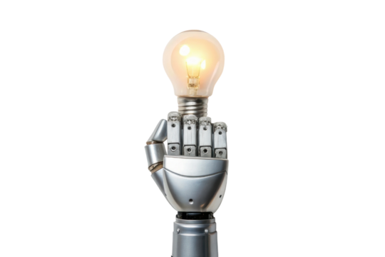 Innovative technology with robotic hand holding a glowing light bulb for energy ideas and inspiration