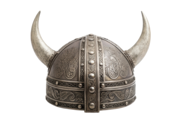 Classic Viking helmet design featuring ornate engravings and prominent horns for historical reenactment and cultural themes