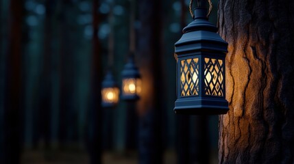 Whispers of Light: A mysterious scene of lanterns casting a warm glow in the depth of a dark forest, creating a magical atmosphere.