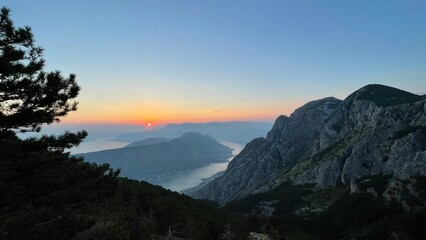 view from above of the Bay of Kotor at sunset