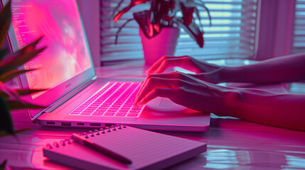 Hands typing on laptop keyboard in bright neon workspace with pink and purple glow