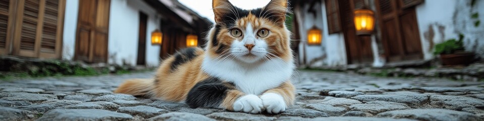 Charming Calico Cat Relaxing on Cobblestone Street with Glowing Lanterns in Picturesque Village Alley - Captivating Feline Scene in Quaint European Setting