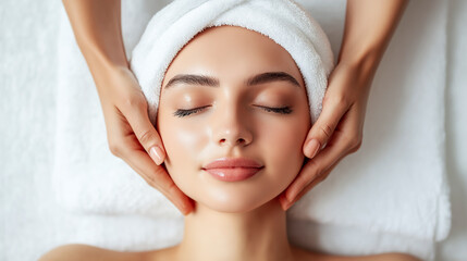 Woman with flawless skin enjoys relaxing facial massage in luxury spa while wrapped in soft towel