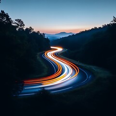 Winding mountain road, twilight light trails, scenic drive, travel