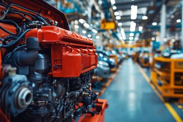 Fototapeta premium Close up of red truck engine with modern automotive factory and blurred cars in motion background