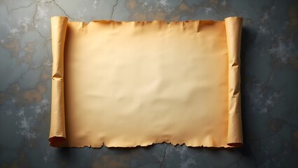 Fototapeta premium Photograph of a single, old, yellowed parchment scroll lying flat on a dark, textured surface. The scroll is slightly curled and has frayed edges, giving it a vintage and aged appearance. 