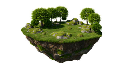 Floating island png with trees and grass on a rocky terrain