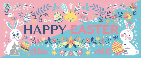 Naklejka premium Happy Easter, vector banner with flowers, eggs and bunnies 