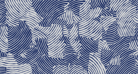 Japanese Blue and white brush line abstract hand drawn collage wave pattern, tribal and ethnic folk wood carving, block print textured surface background. experimental graphic for textile, decoration