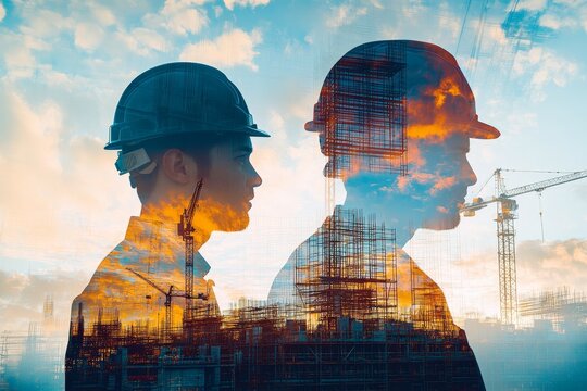 Impressionist double exposure of engineers overlaid on a dynamic construction site scene - Powered by Adobe