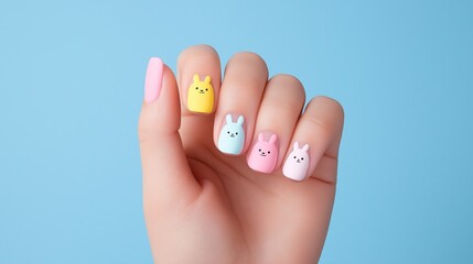 Naklejka premium Charming Close-Up of Pastel Nail Art Featuring Adorable Bunny Faces - Ideal for Trendy Manicure Inspiration and Beauty Blog Promotions in Soft Yellow, Blue, Pink and White Shades