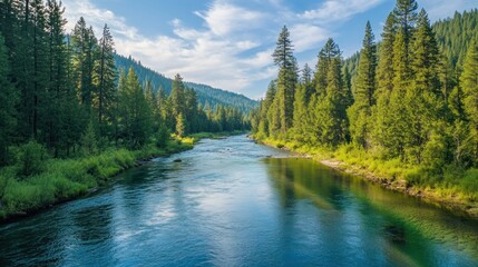 River flowing through mountain forest, sunny day, tourism brochure