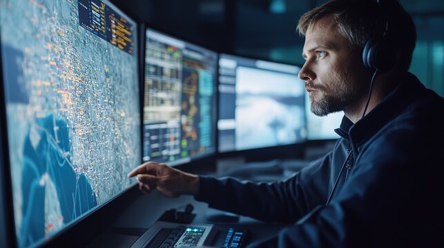 Canal traffic control center operator monitoring vessel movements urban environment digital workspace close-up view