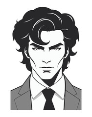 Man's haircut with feathered layers, voluminous and professionally ruffled in the style of the 1980s.