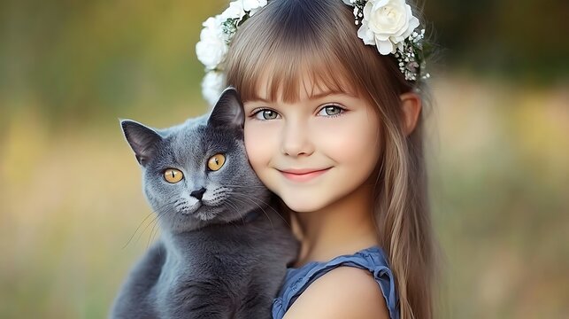 A young girl happily cuddling a gray cat outdoors gently - Powered by Adobe