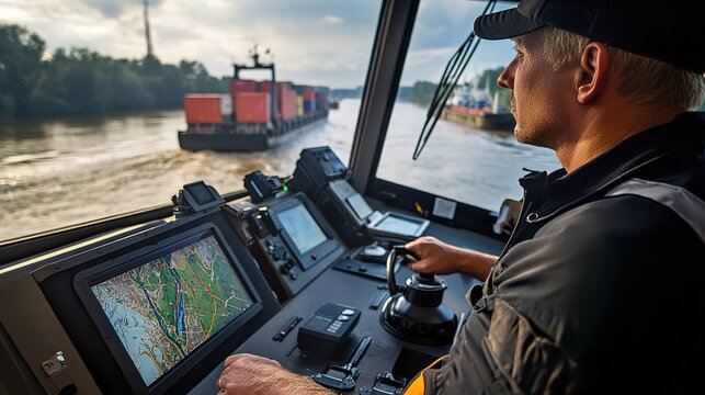 Barge captain navigates river with precision urban waterway close-up action shot dynamic environment leadership concept