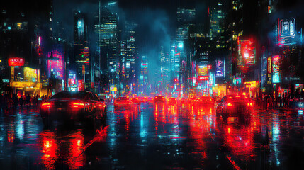Fototapeta premium Futuristic city with cars and neon lights reflected on a rainy night. Generated with AI