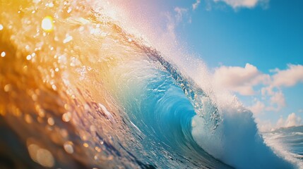 Fototapeta premium Stunning barrel view of a colorful hawaiian wave with foam and blue sky, enhanced by lens flare