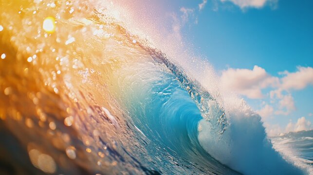 Fototapeta Stunning barrel view of a colorful hawaiian wave with foam and blue sky, enhanced by lens flare