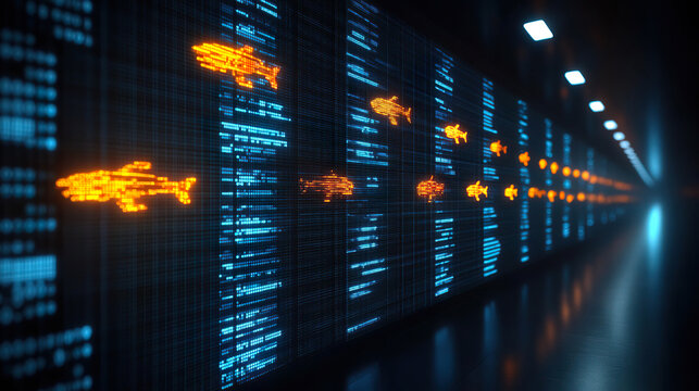 Digital screen with data fish floating in an illuminated tech tunnel. Generated with AI