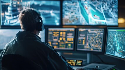 Canal traffic control center operator monitoring vessel movements urban setting digital environment overhead view
