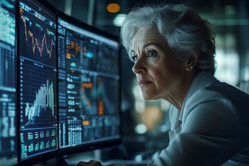 Senior business woman analyzing financial data on multiple monitors in modern office setting