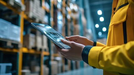 Logistics coordinator using tablet in warehouse modern business environment close-up perspective