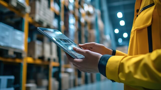 Logistics coordinator using tablet in warehouse modern business environment close-up perspective