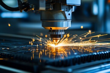 Dynamic close up of an industrial laser machine crafting intricate patterns on metal plates
