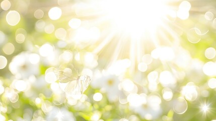 Obraz premium Sunny garden bokeh, butterfly, spring, flowers, background, website, design