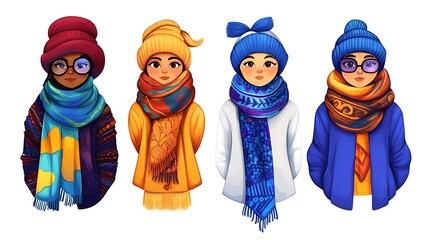 Fototapeta premium Winter Fashion Illustration: Four Women in Cozy Scarves and Hats AI Generated