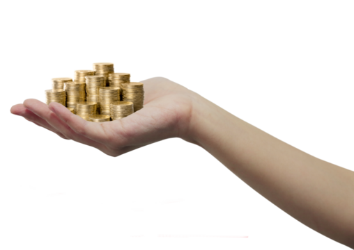 Open Hand Holding Stacked Gold Coins – Wealth and Finance Concept, close-up of an outstretched human hand holding multiple stacks of gold coins. The background is transparent.  Business growth concept