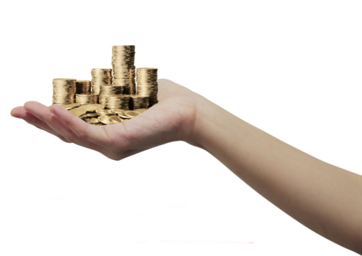 Open Hand Holding Stacked Gold Coins – Wealth and Finance Concept, close-up of an outstretched human hand holding multiple stacks of gold coins. The background is transparent.  Business growth concept