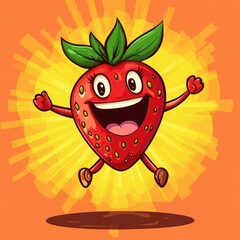 Fototapeta premium Jumping happy strawberry cartoon, vibrant background, food illustration