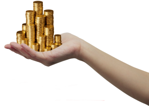 Open Hand Holding Stacked Gold Coins – Wealth and Finance Concept, close-up of an outstretched human hand holding multiple stacks of gold coins. The background is transparent.  Business growth concept
