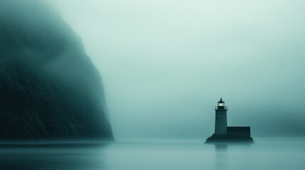 Foggy coastal lighthouse, tranquil sea, cliff backdrop, navigational beacon