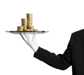 Businessman hand-holding stacked gold coins. Stack of coins. Serving Stacked Coins. Luxury service, wealth management, and premium investment opportunities. High-end economic themes. PNG, Transparent