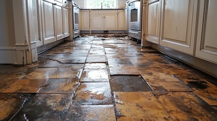 Water Damage on Kitchen Floor with Lifted Tiles