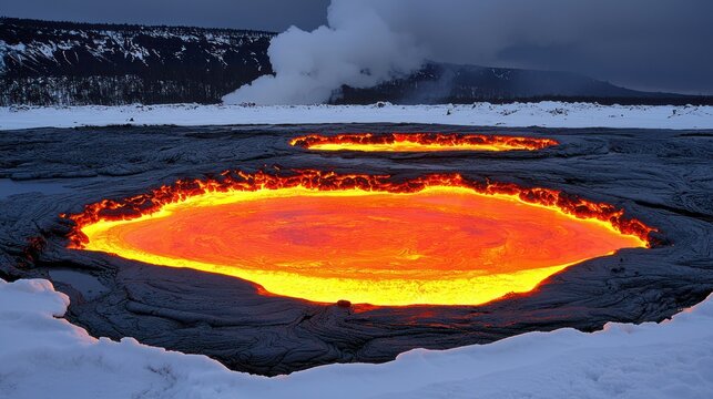Molten Lava Lake Erupting in Snowy Plains, with mountains and steam in background