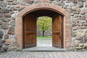 castle door open: Large wooden door open in rock castle wall and Medieval Details
