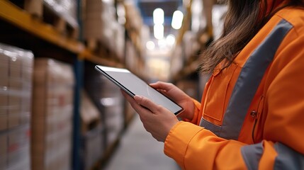 Logistics coordinator managing inventory warehouse closeup shot industrial environment professional viewpoint