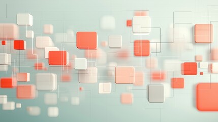 Abstract composition of floating red and white squares with geometric lines in a soft gradient background, evoking modern digital aesthetics