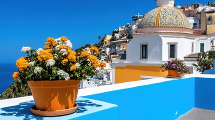 Fototapeta premium Positano Floral Balcony: capturing the iconic Positano coast, a vibrant flower pot blooms against a backdrop of the Mediterranean sea and picturesque architecture.
