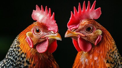 Fototapeta premium Vibrant Close-Up Portrait of Two Bantam Chickens - Perfect for Farm Animal Concepts and Agriculture Designs