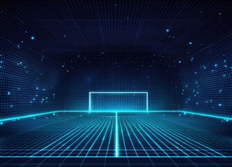 Futuristic Digital Soccer Field with Neon Grid and Goalpost Design