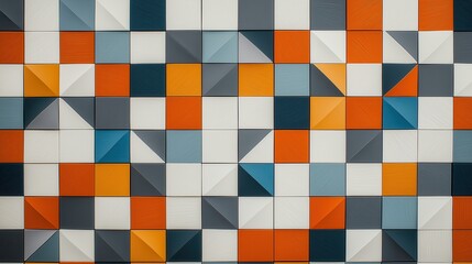 Fototapeta premium Vibrant geometric wall patterns angled tiles in blue, orange, and white harmonizing modern design elements
