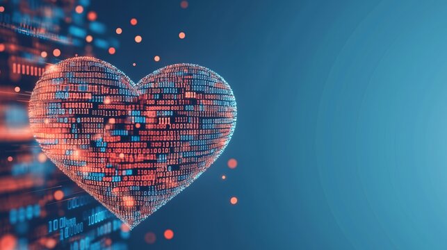 Digital heart a futuristic representation of love and technology with binary code elements and vibrant neon colors