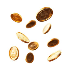 Floating gold coins in motion, isolated on transparent cutout background