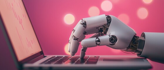 Naklejka premium Robotic Hand Using Laptop Computer AI Technology Futuristic Pink Background